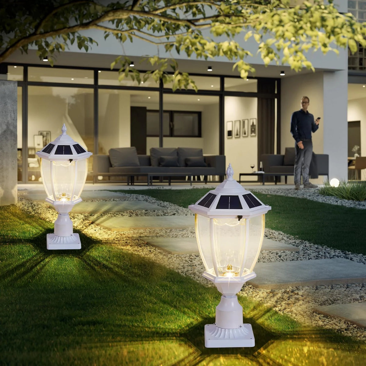 2-Heads Outdoor Solar Lamp Post Lights with Dusk to Dawn Sensor. Classic Exterior Solar Pole Lights with Waterproof. Black Street Lights with Clear Glass for Garden. Patio. Pathway. Driveway