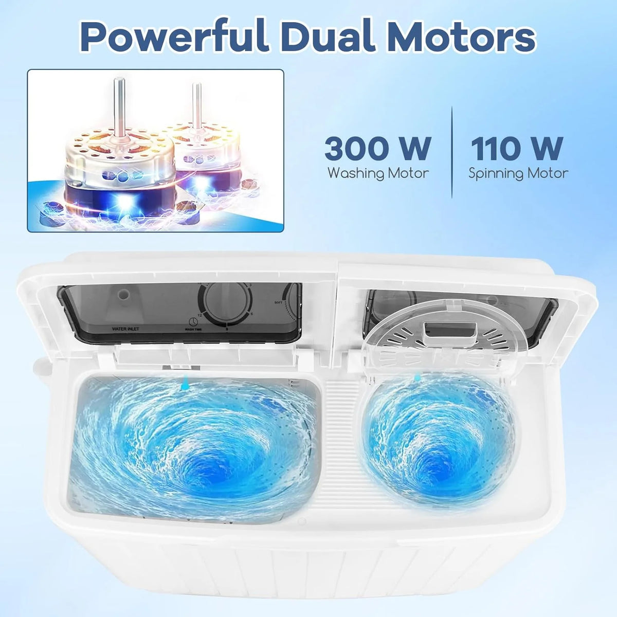 Portable mini compact two-cylinder washing machine (17.6 pounds) - Spanish model. rotary type. blue + white