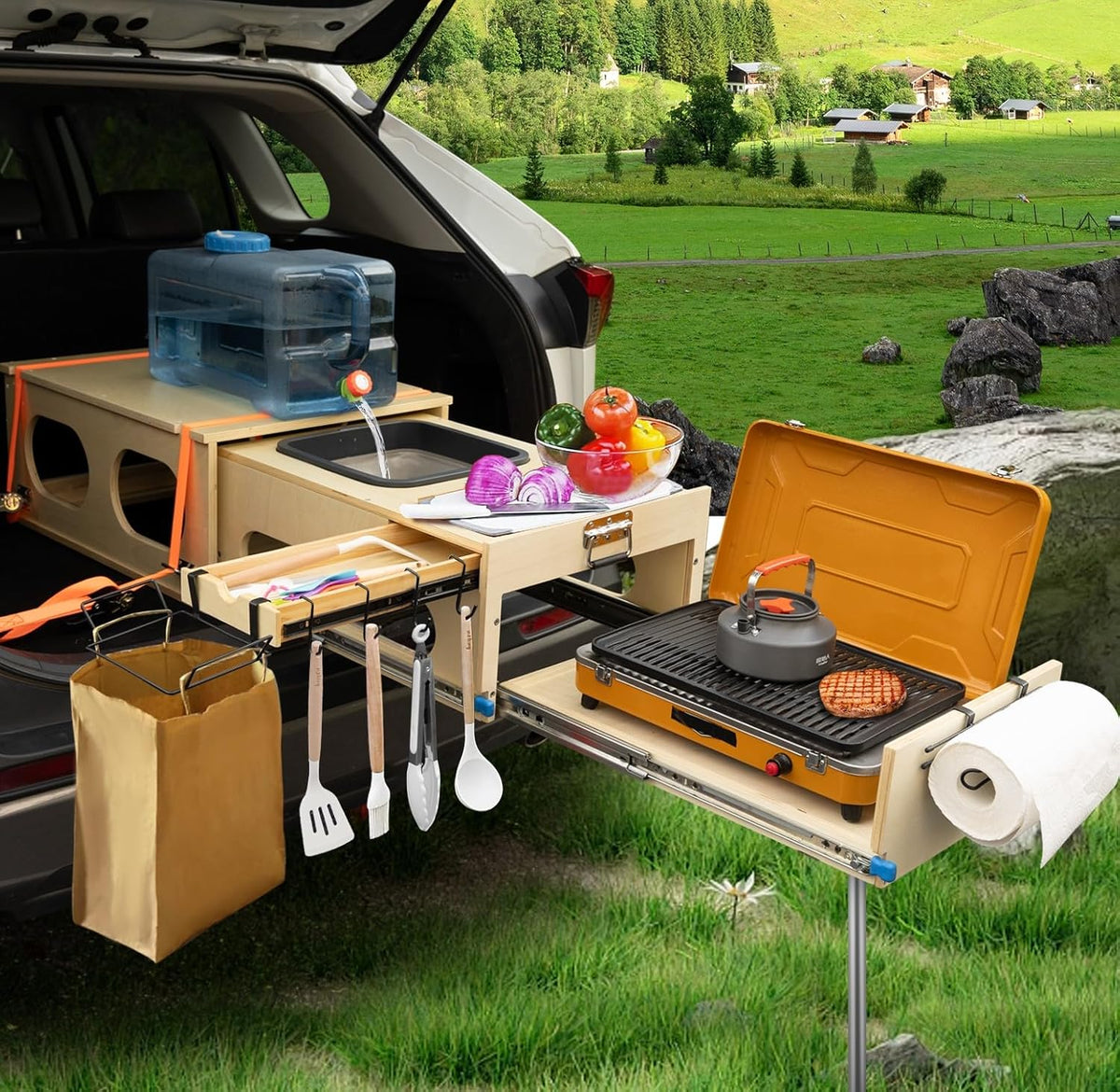 Ultimate Land Kitchen - A camping kitchen kit that combines functions of washing. chopping and cooking - Can be assembled in just 30 seconds - Perfect for land expeditions!