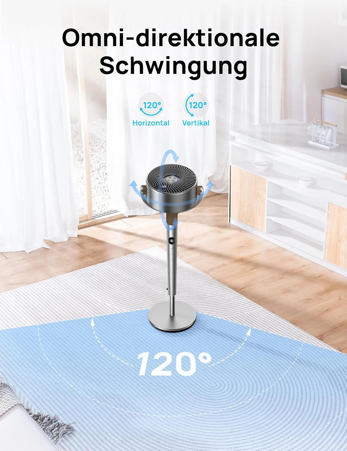 Dreo 20dB leiser Standventilator. 120°+120° Omni-direktionale oszillierende Ventilator. 26M Windentfernung. 1200m³/h Luftvolumen Echt Turbo-