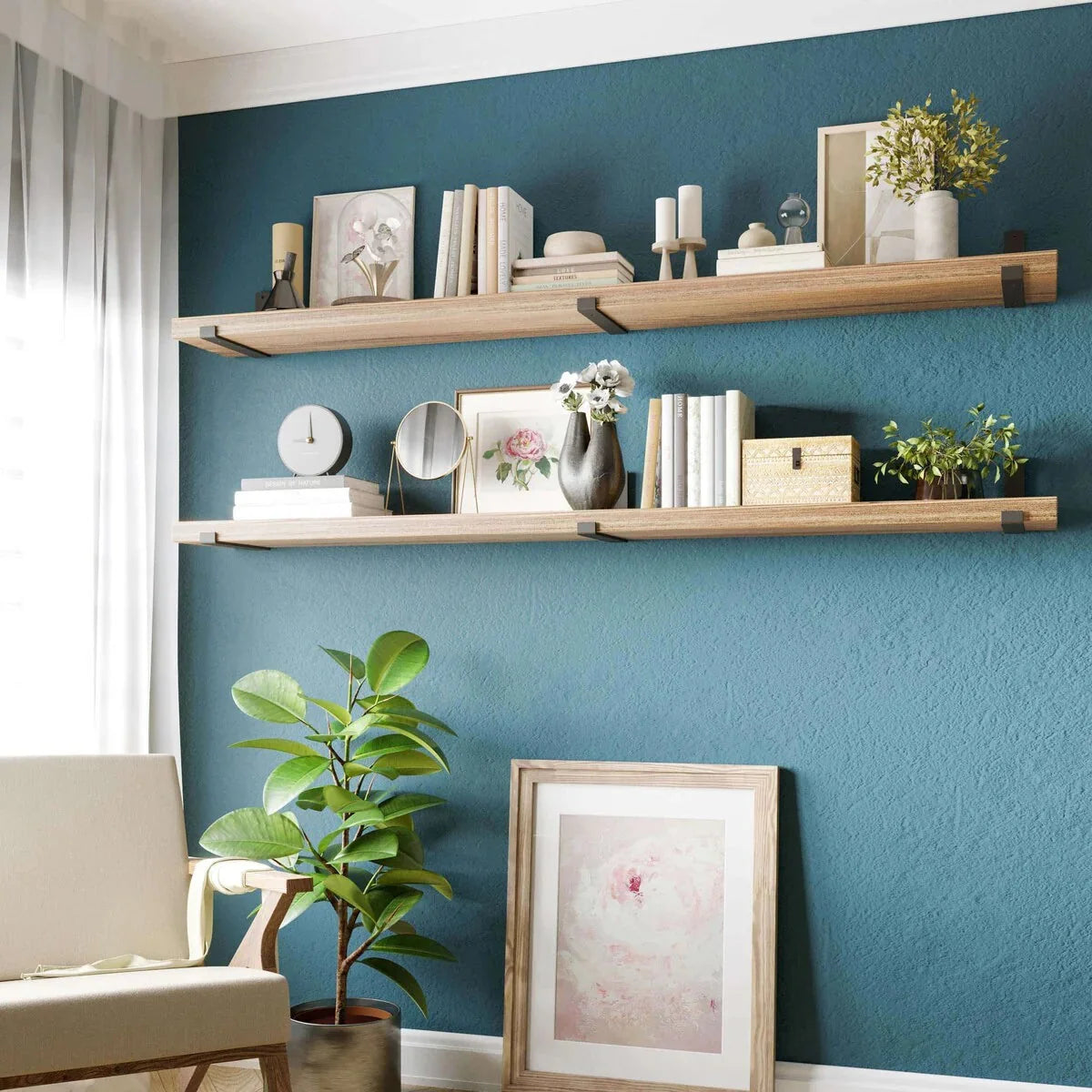 72 Inch Floating Wood Wall Shelves. Set of 2 Burnt Wood Display and Storage Shelves for Home Decor