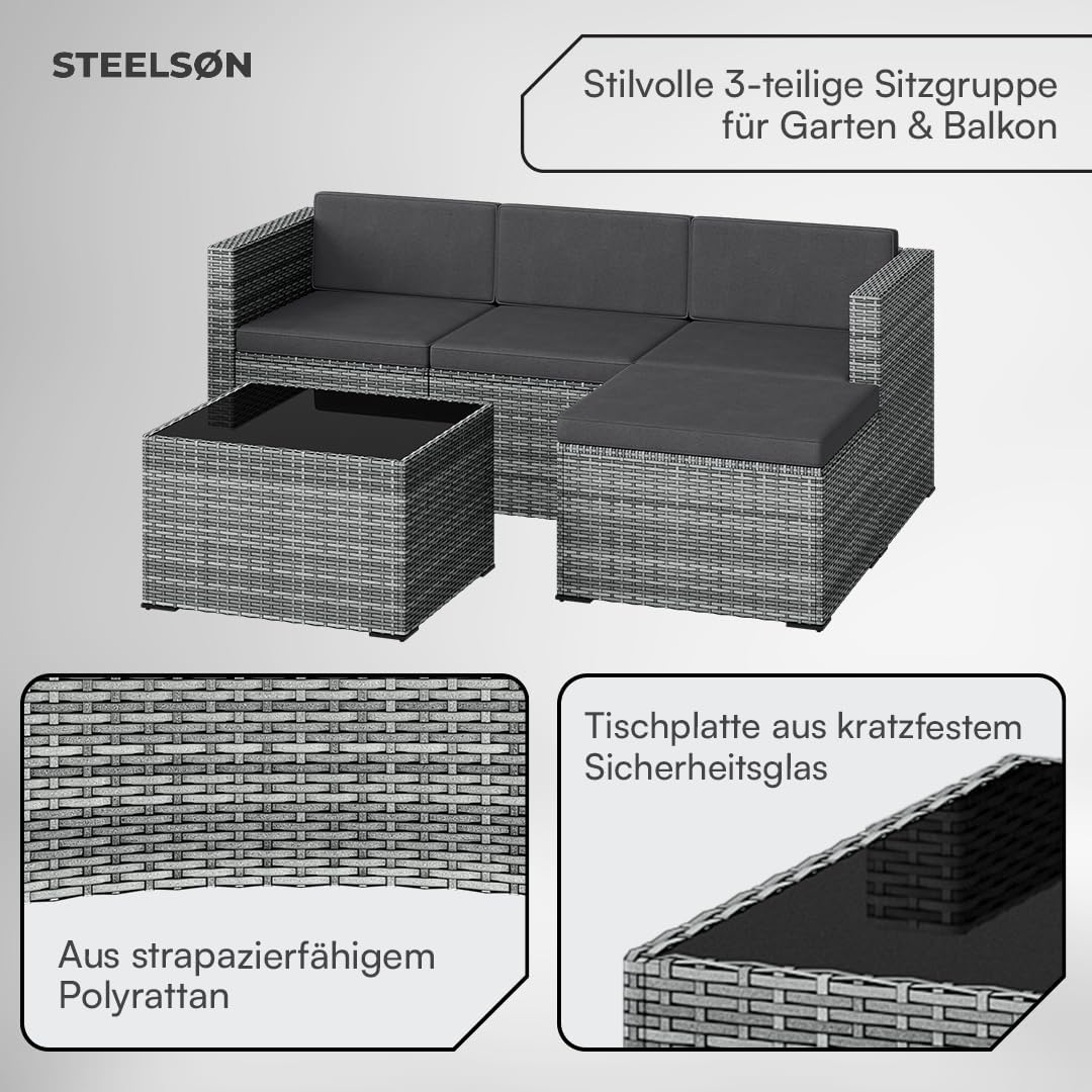STEELSØN Zethora Rattan Gartenmöbel Set 3-TLG. – Outdoor Sitzgruppe für Garten/Terrasse/Balkon – Gartenlounge mit 3er-Sofa. Hocker & Tisch –