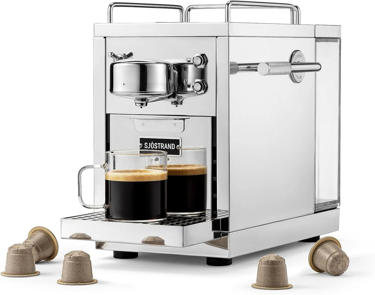 Die Original 2 Kaffeemaschine. Nespresso kompatible Kapselmaschine. Espressomaschine aus Edelstahl. skandinavisches Design. langlebige. reparierbare