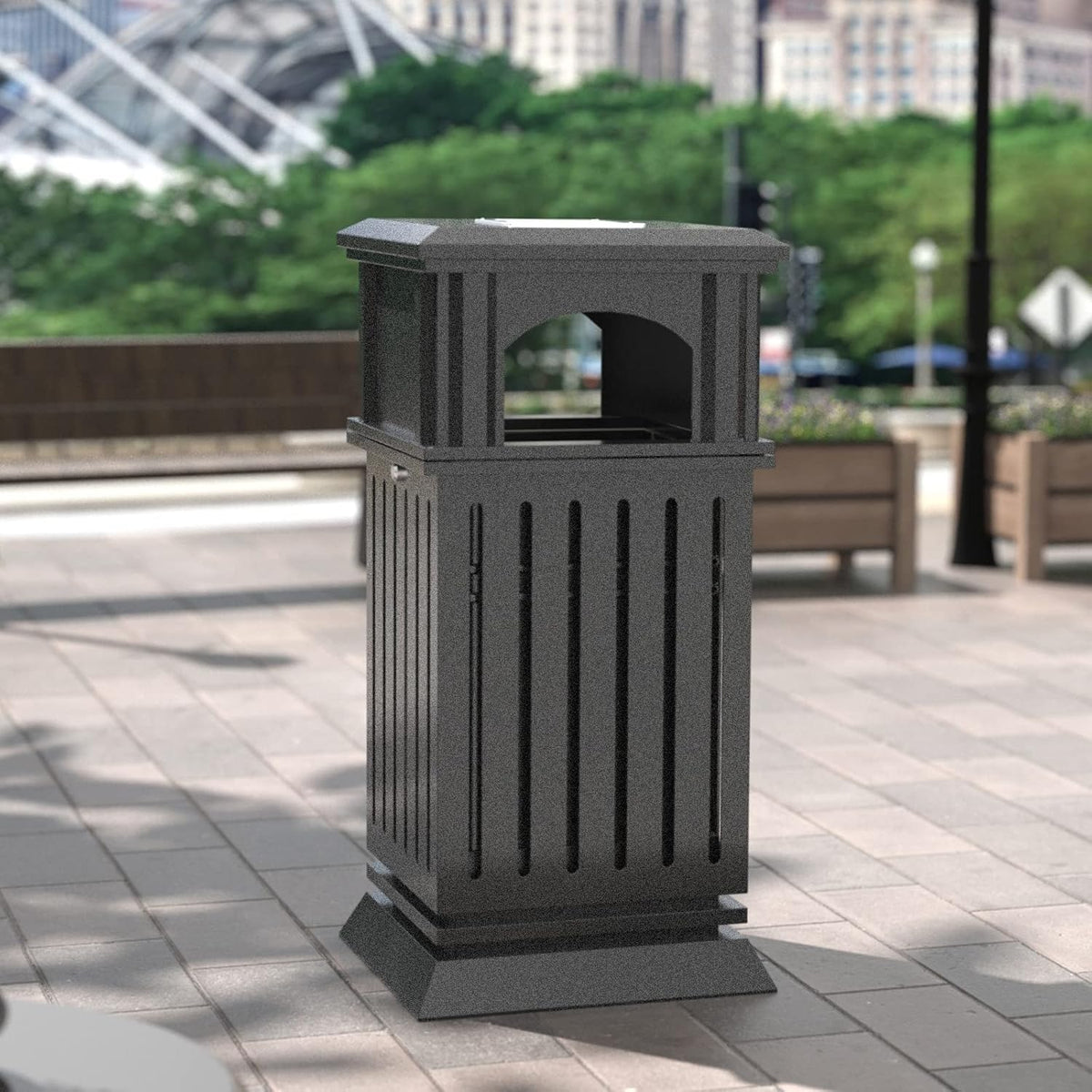 Outdoor trash bin top tray matte black stainless steel commercial waste storage box with lock cover. Heavy-duty industrial garden garage garbage container. dimensions: 35.5 * 15.8 * 15.8 inches.