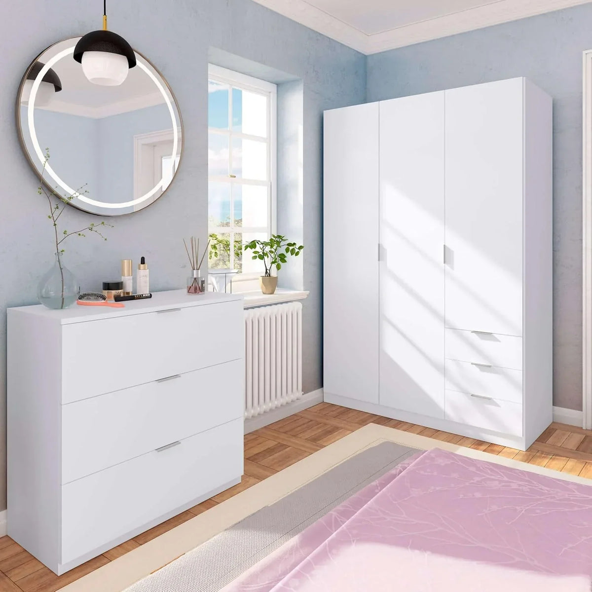 Habitdesign Three Door and Three Drawer Wardrobe Closet. Artic White Finish. Measurements: 121 cm (W) x 180 cm (H) x 52 cm (D)