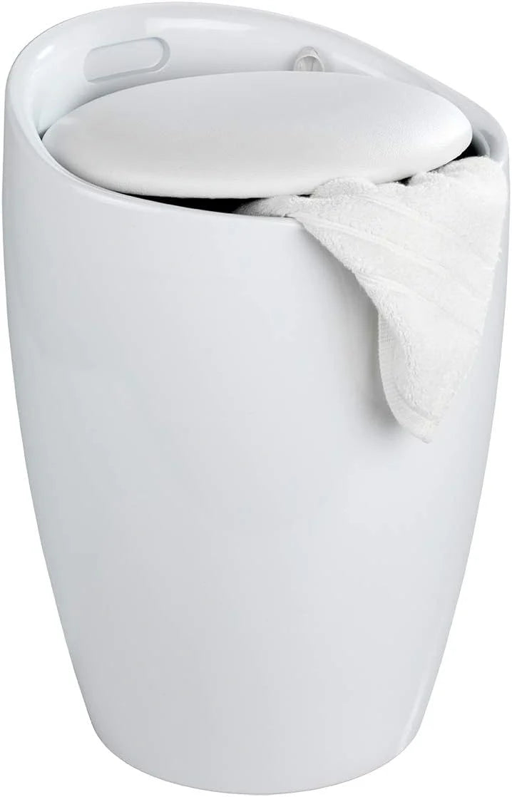 Bathroom stool with laundry basket. storage stool with soft padded seat. white stool for laundry sorting and storage. size 14.2 x 19.9 x 14.2 inches. white. 1-piece set