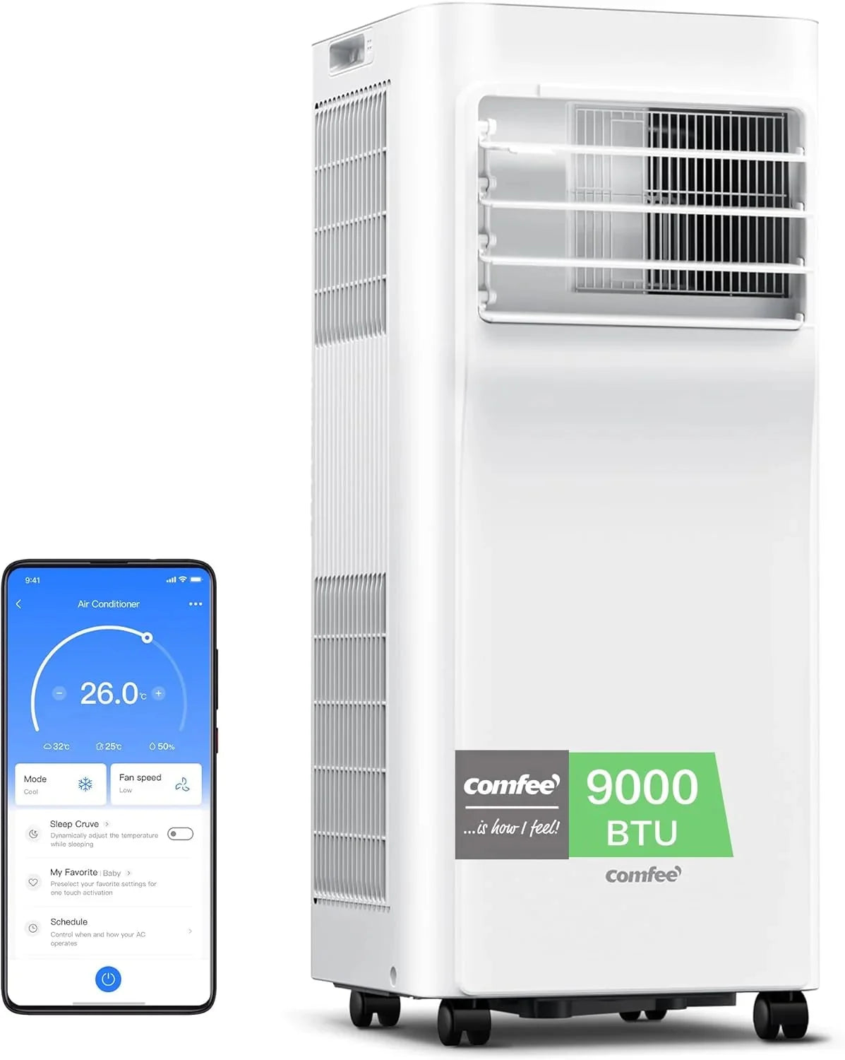 COMFEE Pingüino Aire Acondicionado Portátil 9000 BTU/2300 Frigorías Breezy Cool Pro – Climatizador sin unidad exterior. Bajo Consumo. App Control y