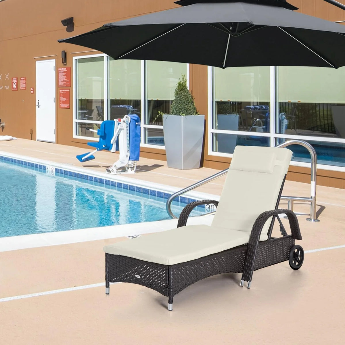 Wicker Outdoor Chaise Lounge. 5-Level Adjustable Backrest PE Rattan Pool Lounge Chair with Wheels. Cushion & Headrest. Brown and Dark Blue