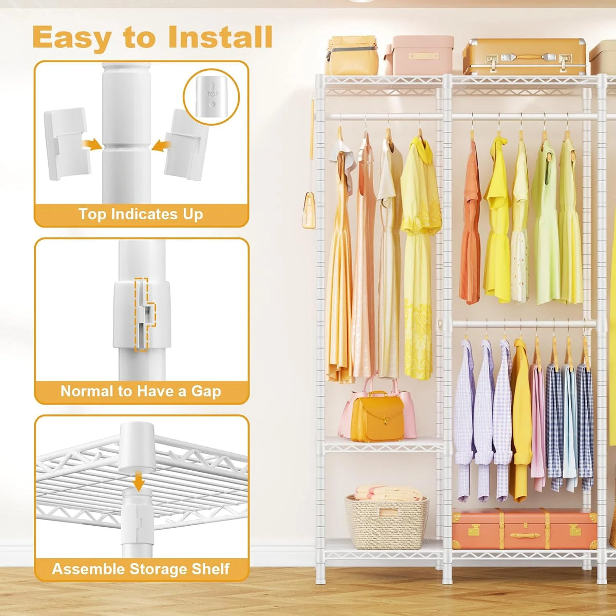 Super large clothes rack. heavy-duty clothes storage rack. standalone portable wardrobe. clothes rack for hanging clothes. 89.8 inches wide x 15.8 inches deep x 76.4 inches high. maximum load capacity of 1400 pounds. white