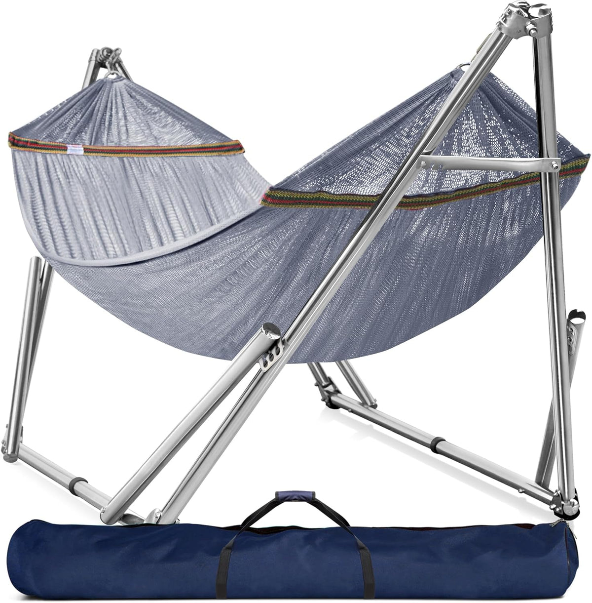 Double hammock with frame. with a load capacity of 650 pounds. double hammock with support rods. made of high-quality 201 stainless steel. assembled in 30 seconds. sturdy and flexible portable hammock frame. suitable for outdoor and indoor use. black