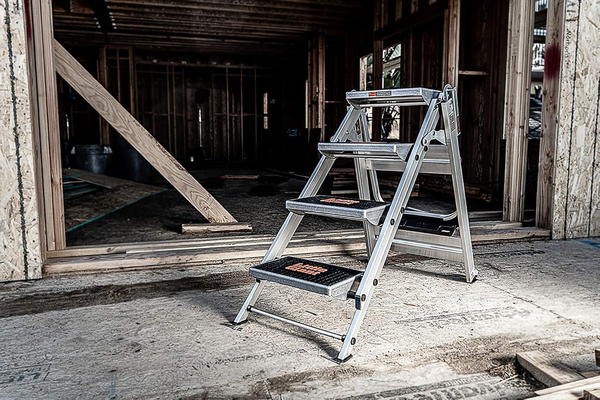 Little Giant Ladder. Safety Step. Three-step Design. 3 feet high. Footrest. Aluminum. Type 1A. Load Capacity 300 pounds