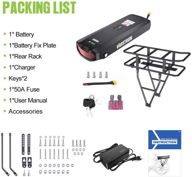 Ebike Battery 48V 17.5AH Lithium ion Rear Rack Battery for BAFANG/Voilamart/PEXMOR/AW 48V200W-1000W Ebike Kit.48V E Bike Batteries with Luggage Rack.Taillight.30A BMS.3A Fast Charger & Safety Lock
