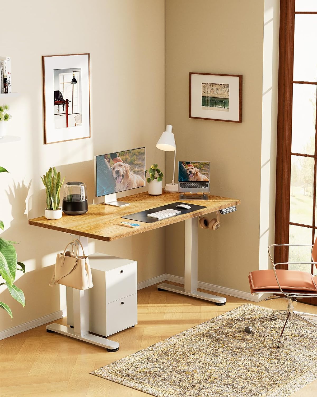 Height Adjustable Electric Standing Desk. 40 x 24 Inches Sit Stand up Desk. Small Memory Computer Home Office Desk with Two-Piece Desktop (Light Vintage Brown)