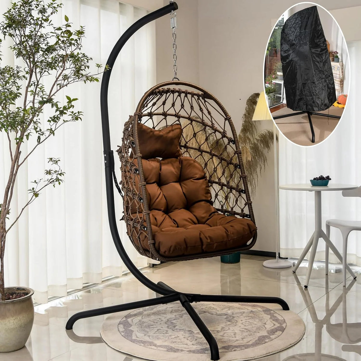 Indoor and outdoor egg-shaped rocking chairs with frames and covers. garden rattan hanging chairs. capacity 450 pounds. with UV-protective cushions. suitable for bedrooms. outdoor balconies. courtyards or living rooms (dark gray)