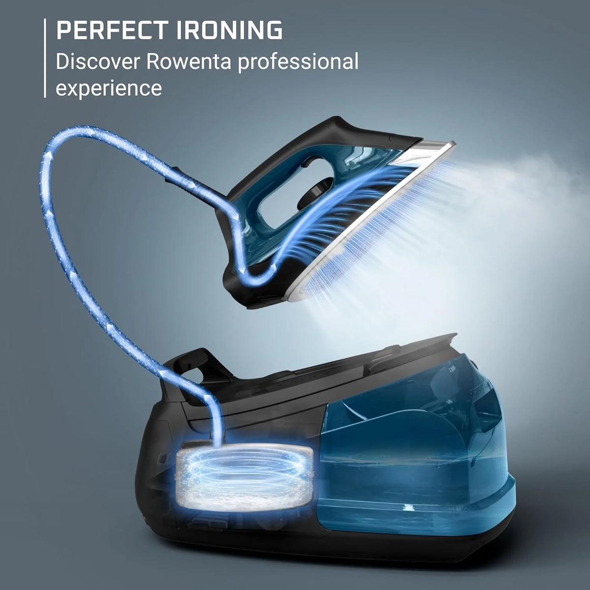 Professional steam laundry device with stainless steel base plate. 1.1-liter detachable water tank. quick heating. 1800-watt power. blue fabric steam iron