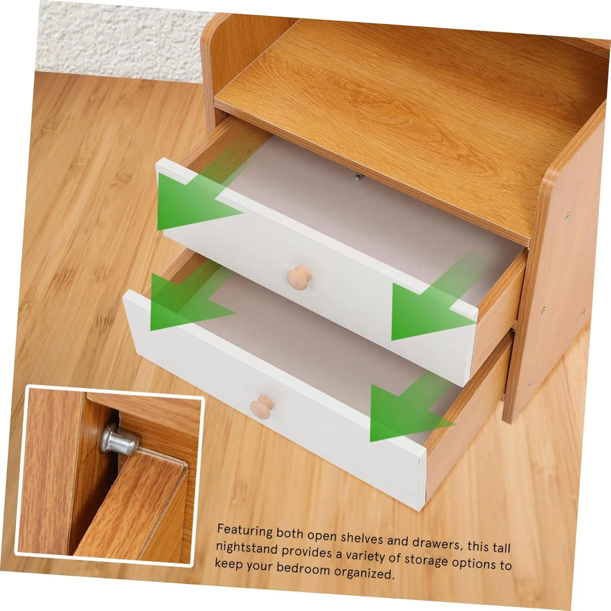 High platform bedside cabinet storage rack. Wooden bedside table with open shelves. Abundant storage space. simple design. suitable for bedroom furniture. Easy to assemble. with a rustic style and warm surface treatment.