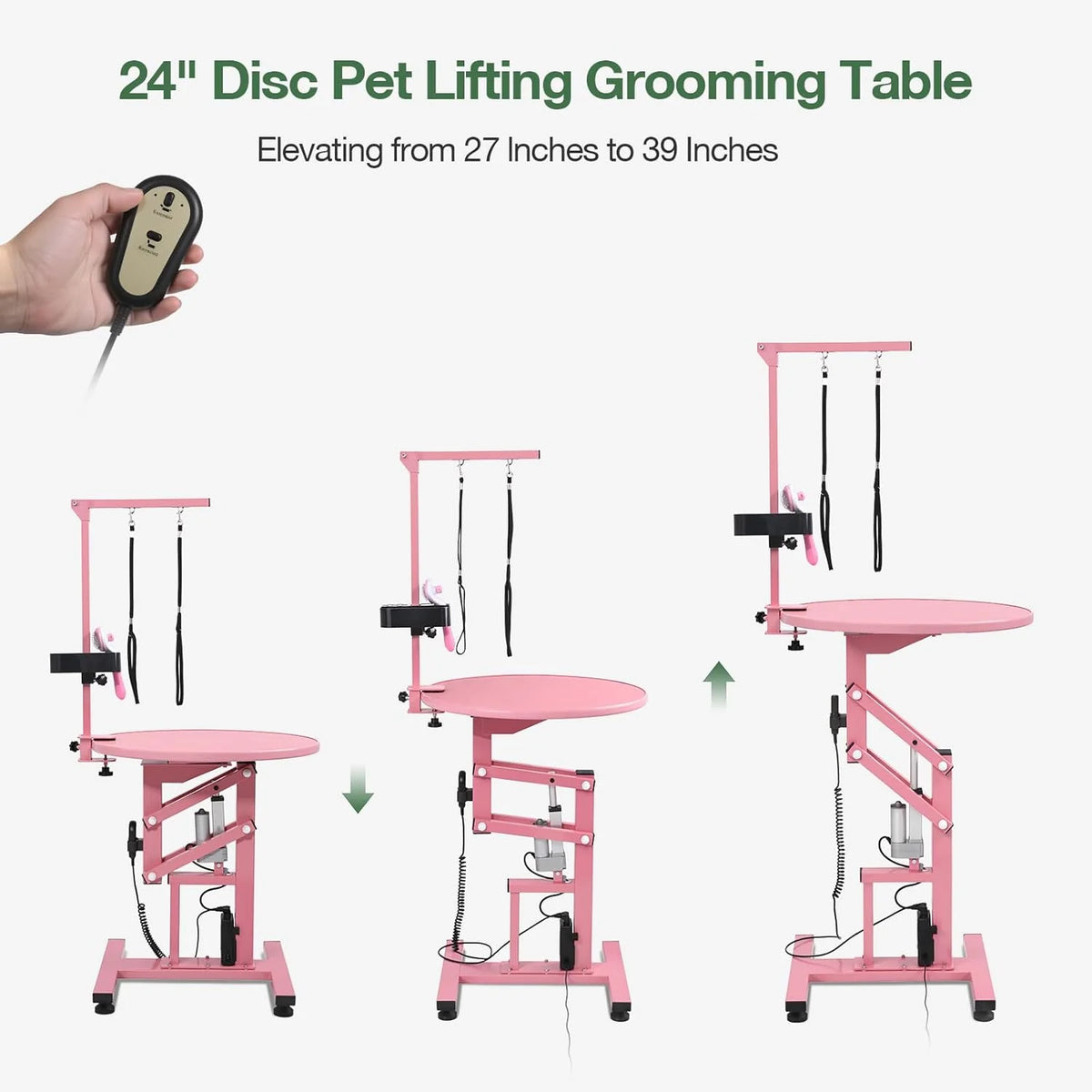Electric Hydraulic Lift Pet Dog Grooming Table. 24Inch 360° Rotating Grooming Desktop for Small Dogs. with Overhead Arm. Wireless Remote. Tool Organizer. Black