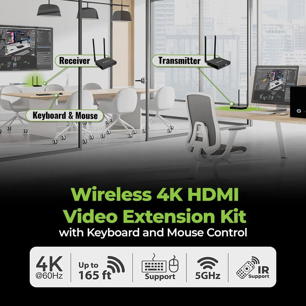 Wireless 4K HDMI Video Extender Transmitter and Receiver Kit (with keyboard and mouse control) - Wireless channel pairing - 4K 60Hz. maximum transmission distance up to 165 feet. equipped with HDMI local output interface