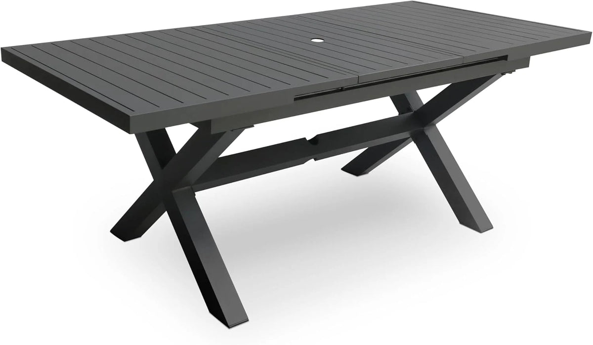 Extendable Patio Dining Table for 6-8. 63''-83'' Outdoor Aluminum Table w/Umbrella Hole. Rectangle Slatted Tabletop. Metal X-Trestle for Meals Garden Deck Backyard Gathering Party - Light Brown