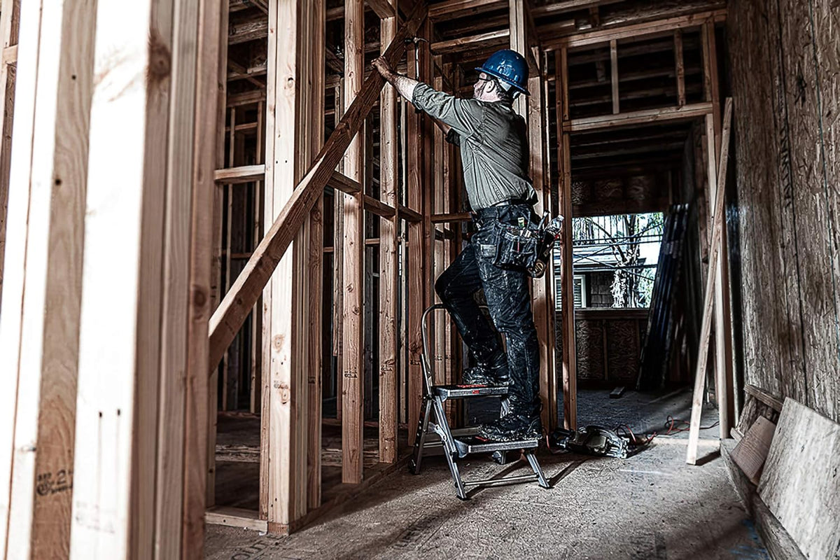 Little Giant Ladder. Safety Step. Three-step Design. 3 feet high. Footrest. Aluminum. Type 1A. Load Capacity 300 pounds
