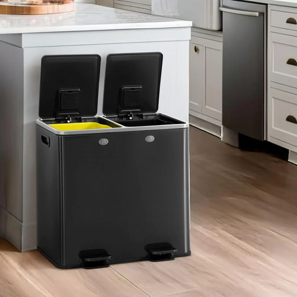 CAPHAUS Dual Trash Can with Double Lid. Trash and Recycle Bins Combo. Hands-free Stainless-Steel Garbage Can for Kitchen. with 2 Compartment. Hinged Lid. Odor Filters. Handles. 25L+25L. 2 x 6.6 Gallon