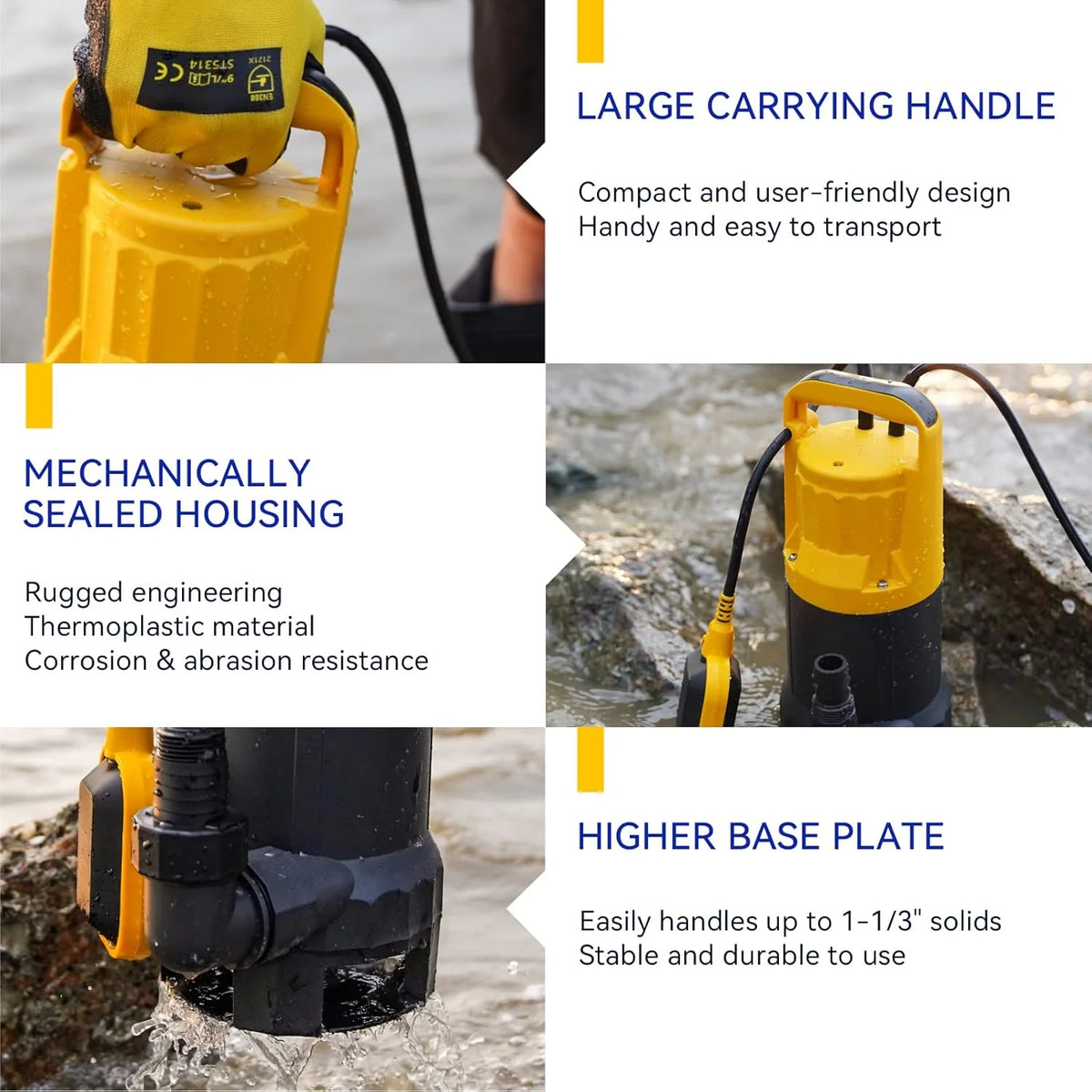 3/4HP Submersible Sewage Effluent Pump. Cast Iron. 115V 6400 GPH Automatic Tethered Float Switch. Sump Pump for Sump Basin. Basement. Residential Sewage. 2'' NPT Discharge