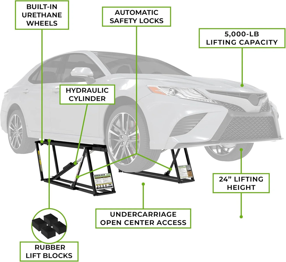 5000TL Portable Car Lift – ALI Certified 5.000 lb Capacity with 110V Power Unit. Compact Alternative to a 2-Post Car Lift for Garage. Home Mechanics. DIY Auto Repair. or Shop Use