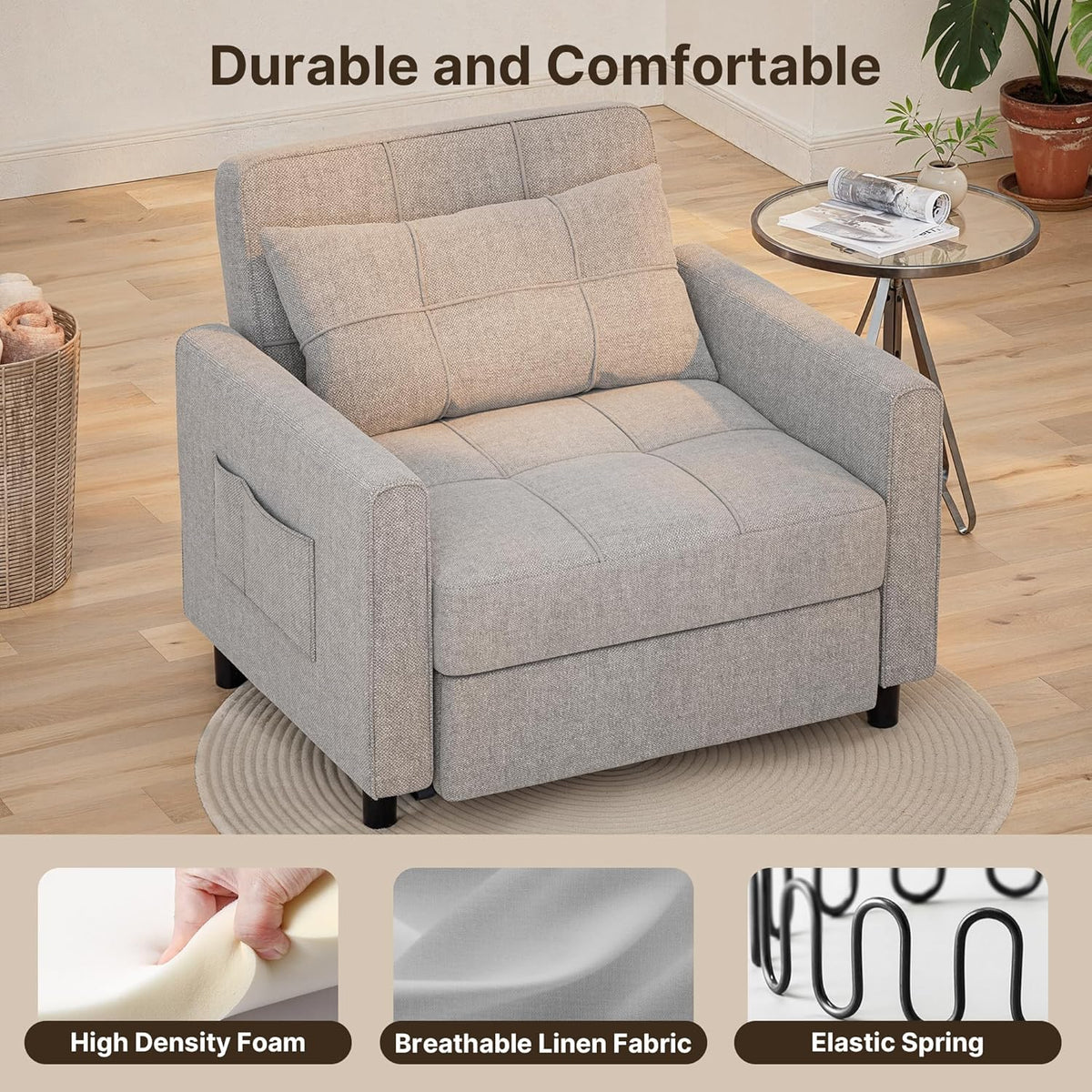 Gizoon Sofá cama 3 en 1 convertible. silla cama individual extraíble con respaldo ajustable. espaciosos sofás multifuncionales para sala de estar.