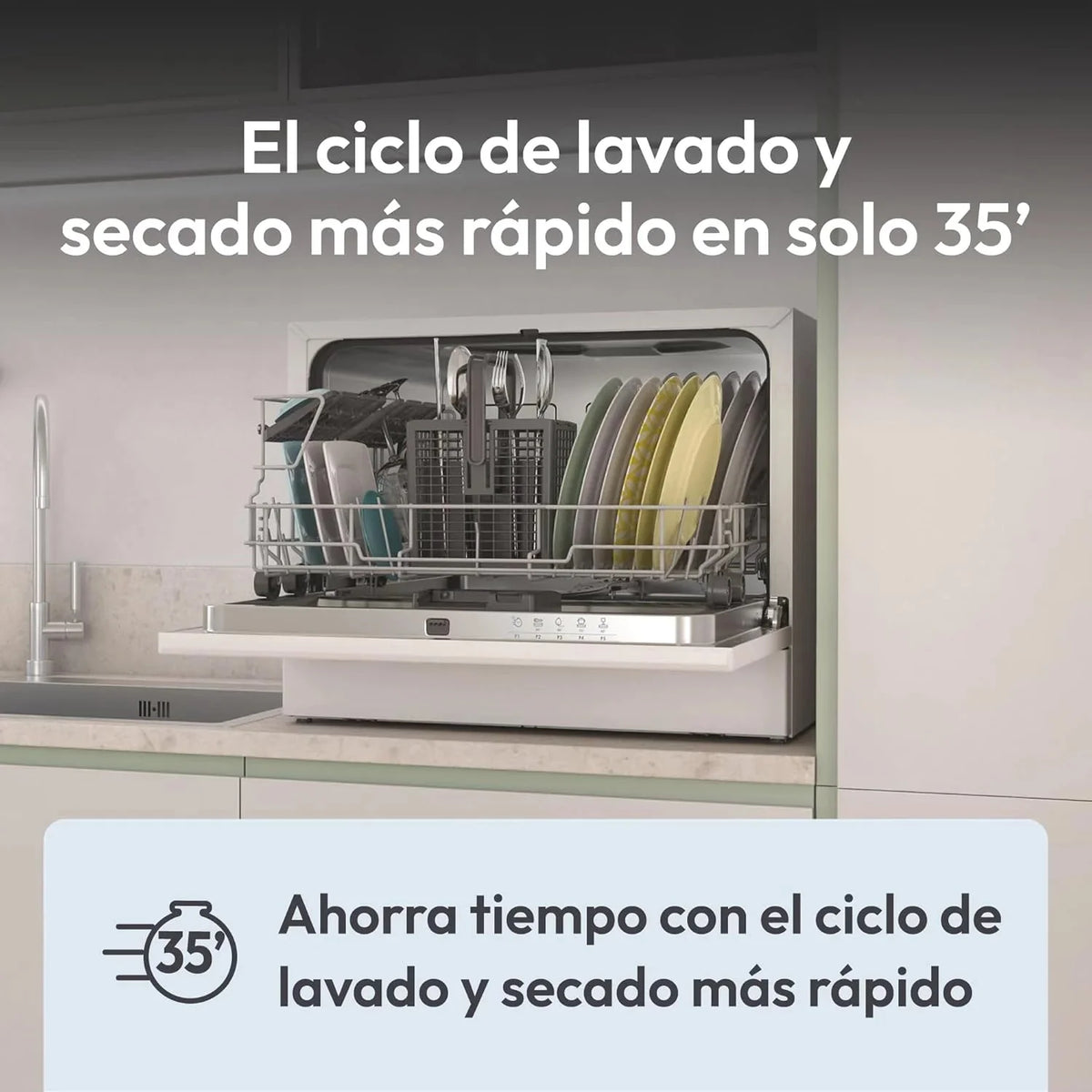 Candy CP 6E51LW Lavavajillas Pequeño y Compacto. 6 Servicios. Digital. 51DBA. 5 Ciclos. Media Carga. Inicio Diferido 3-6-9 horas. Indicador Sal y