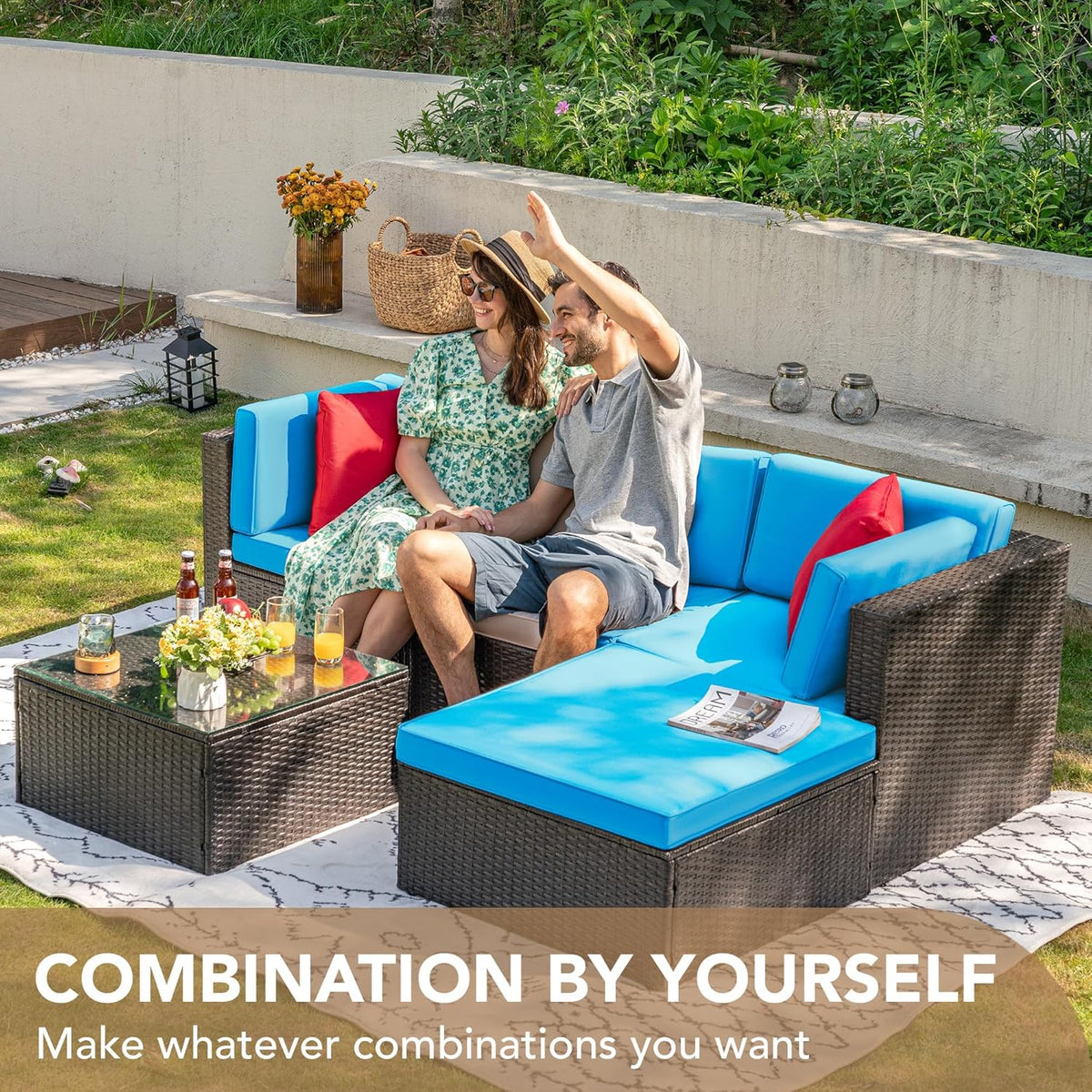 5-Piece All-Weather Patio Furniture Set with Cushions. Outdoor Wicker Conversation Sofa Set for Garden. Deck & Backyard