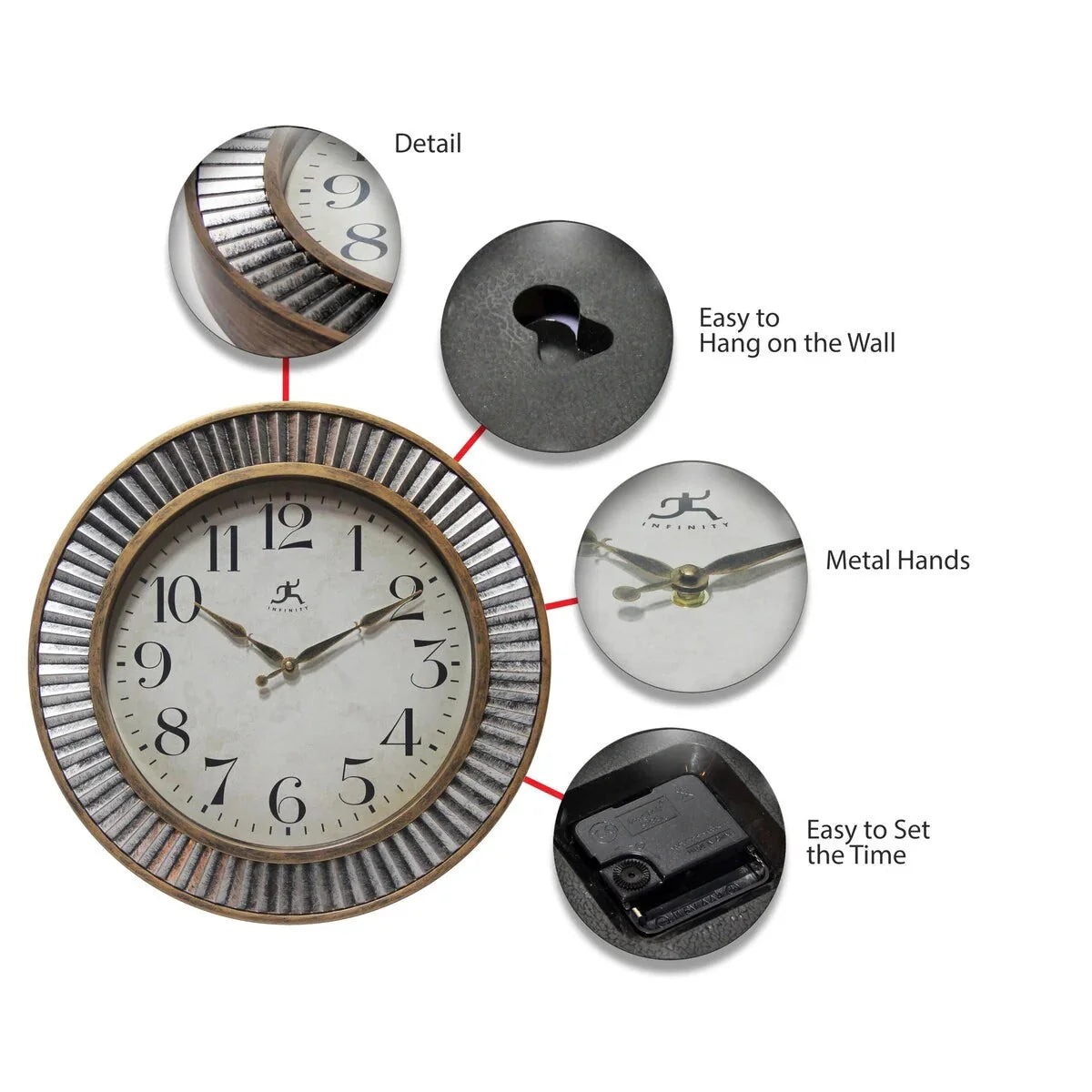 16 Inch Rustic Industrial Wall Clock. Decorative Round Clock for Home