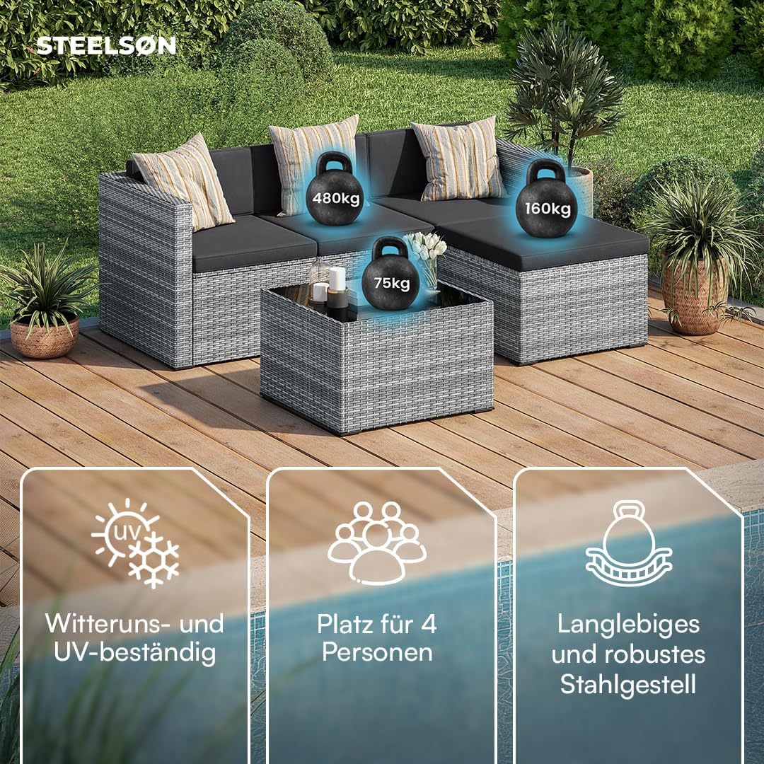 STEELSØN Zethora Rattan Gartenmöbel Set 3-TLG. – Outdoor Sitzgruppe für Garten/Terrasse/Balkon – Gartenlounge mit 3er-Sofa. Hocker & Tisch –