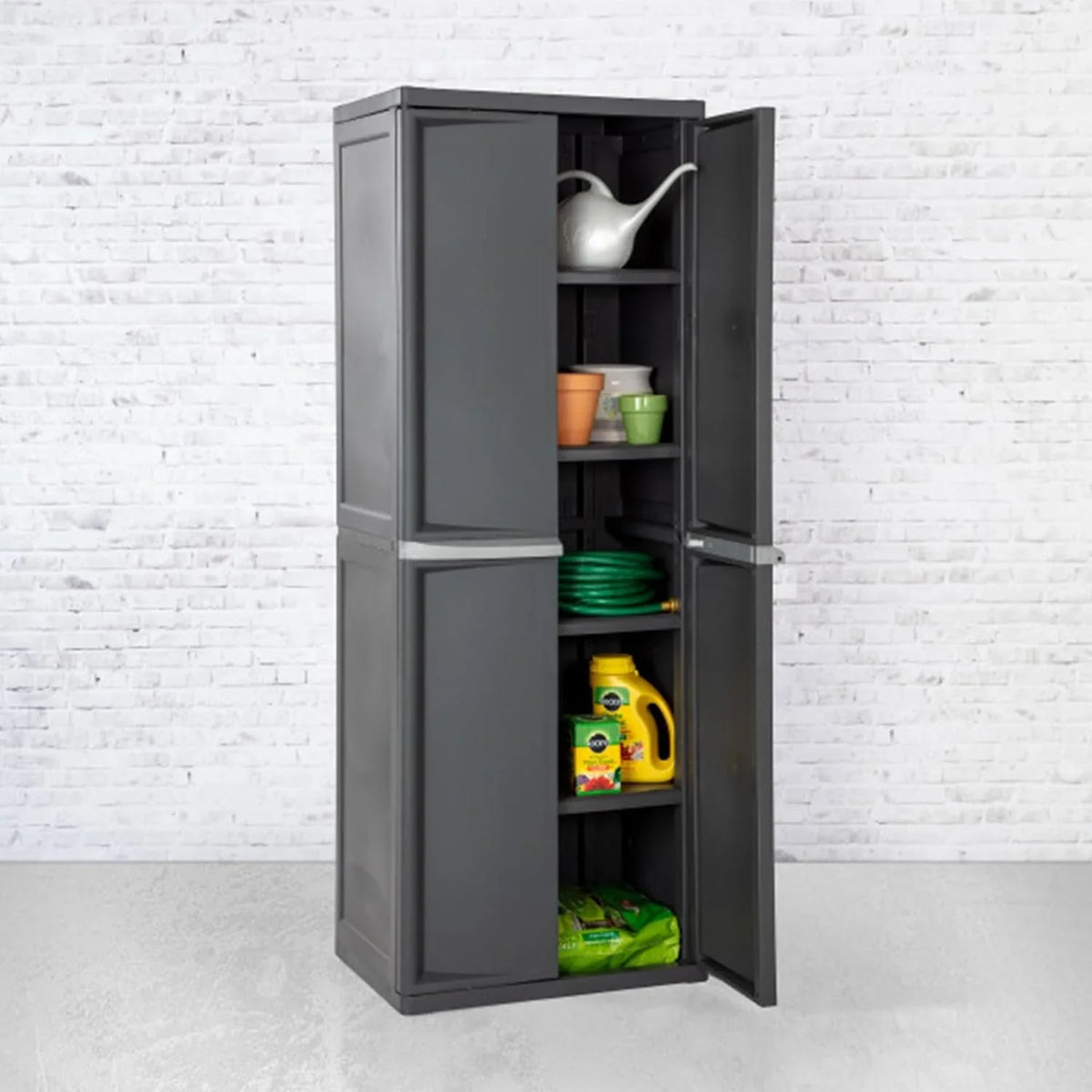Storage Cabinet. Rugged Plastic Garage Organizer with Double Doors. 4 Adjustable Shelves. Gray
