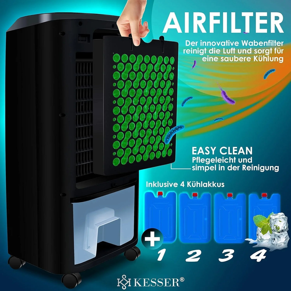 KESSER Mobile Klimaanlage 4in1 Luftkühler – Air Cooler mit Fernbedienung & Timer. 10L Wassertank. Ionisator & Luftbefeuchter. Ventilator Klimagerät