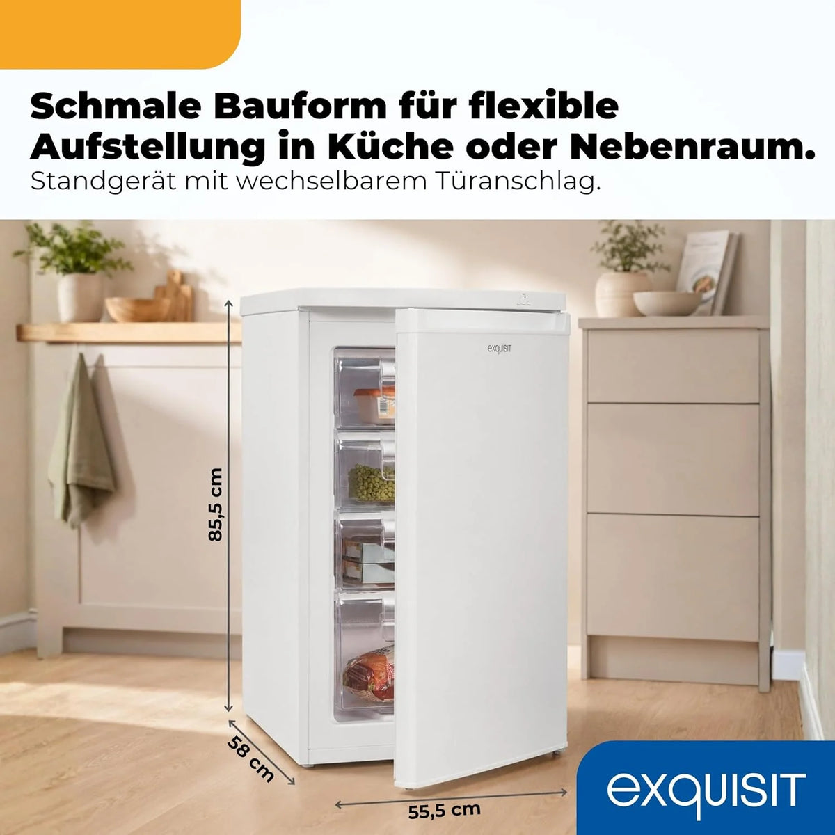 Exquisit Gefrierschrank | 91 l Nutzinhalt. Energieeffizienzklasse E. 40 dB(A) | kompakte Bauform. 4-Sterne-Gefrieren. manuelle Temperaturregelung.
