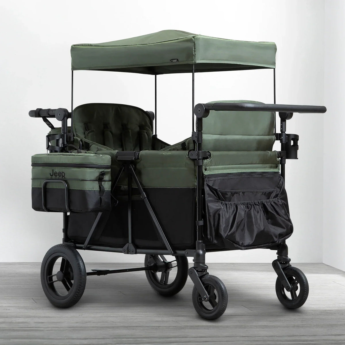 Carrito-Paseador Jeep Wrangler Deluxe para 4 Niños – Capota Desmontable. Bolsa Térmica. Asientos Modulares. Almacenamiento XXL. Ruedas Antipinchazos.