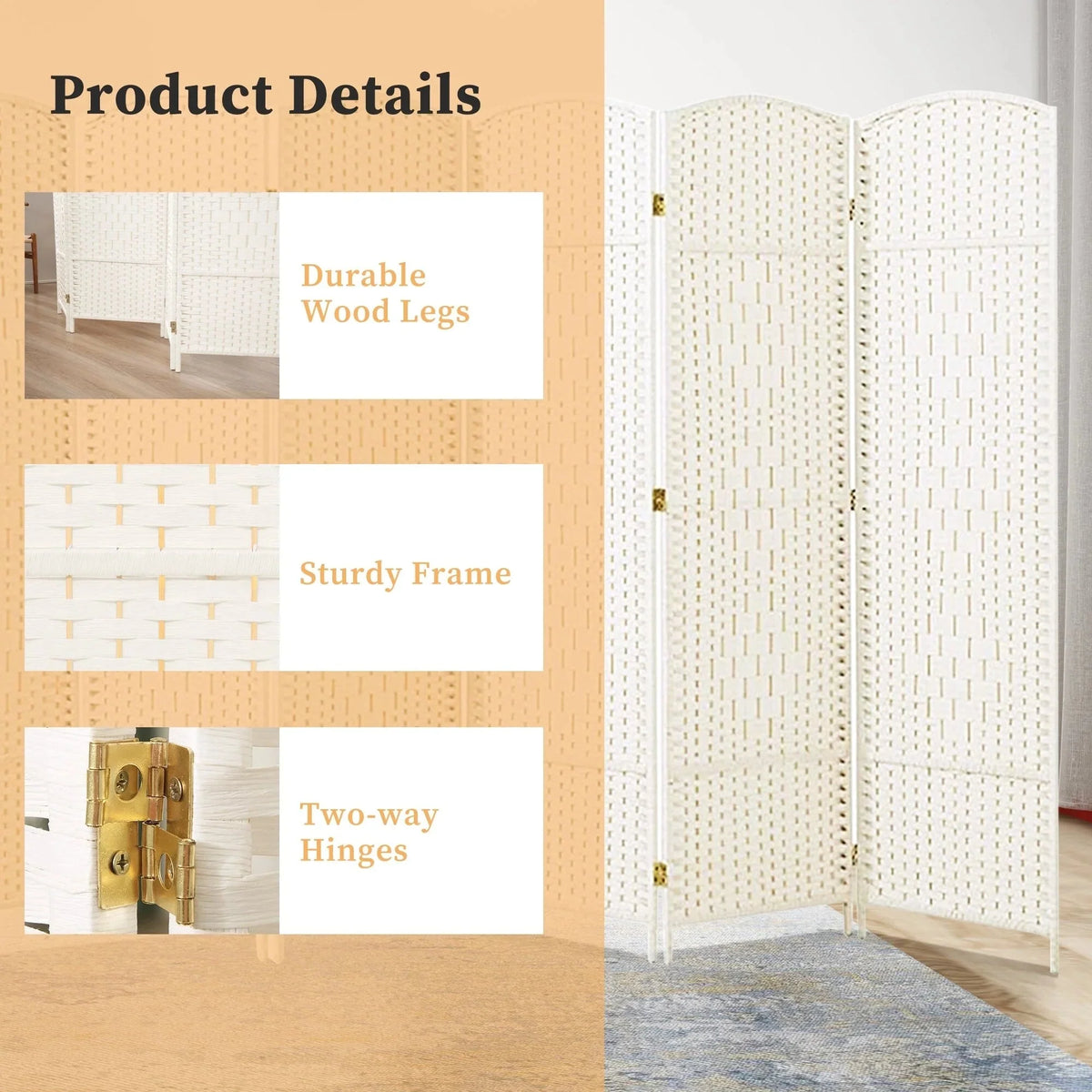 6 FT Tall Woven Fiber Room Divider. Freestanding Folding Privacy Screen