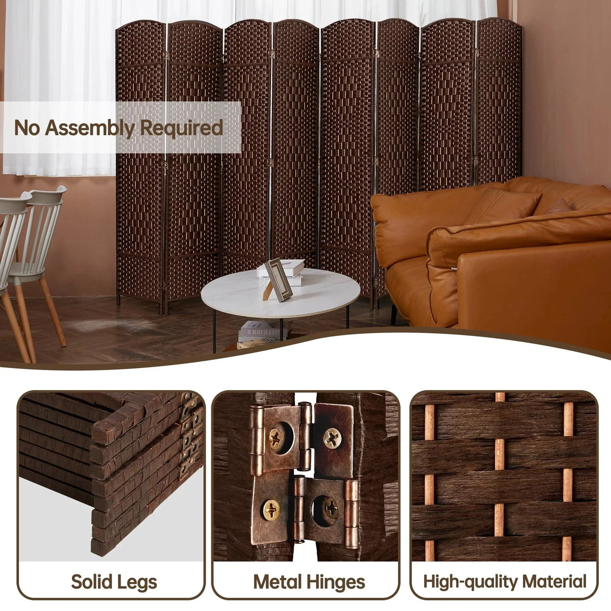 6 FT Tall Woven Fiber Room Divider. Freestanding Folding Privacy Screen