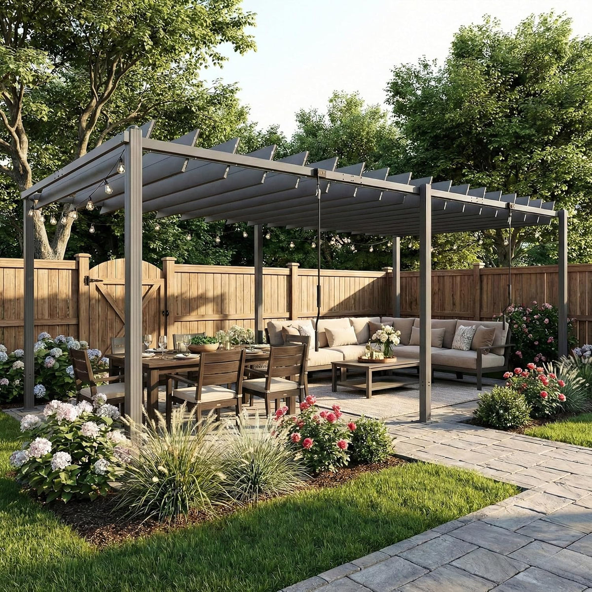 Outsunny Pérgola de Jardín 3x5.7 m. Cenador de Jardín con Techo de Lamas Ajustable a 90°. Manivela. Estructura de Aluminio. Protección UPF50+.