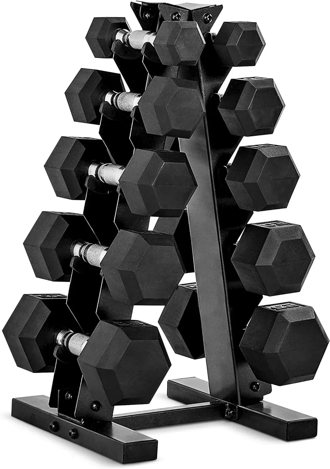 150 LB Coated Hex Dumbbell Weight Set with Vertical Rack. Black