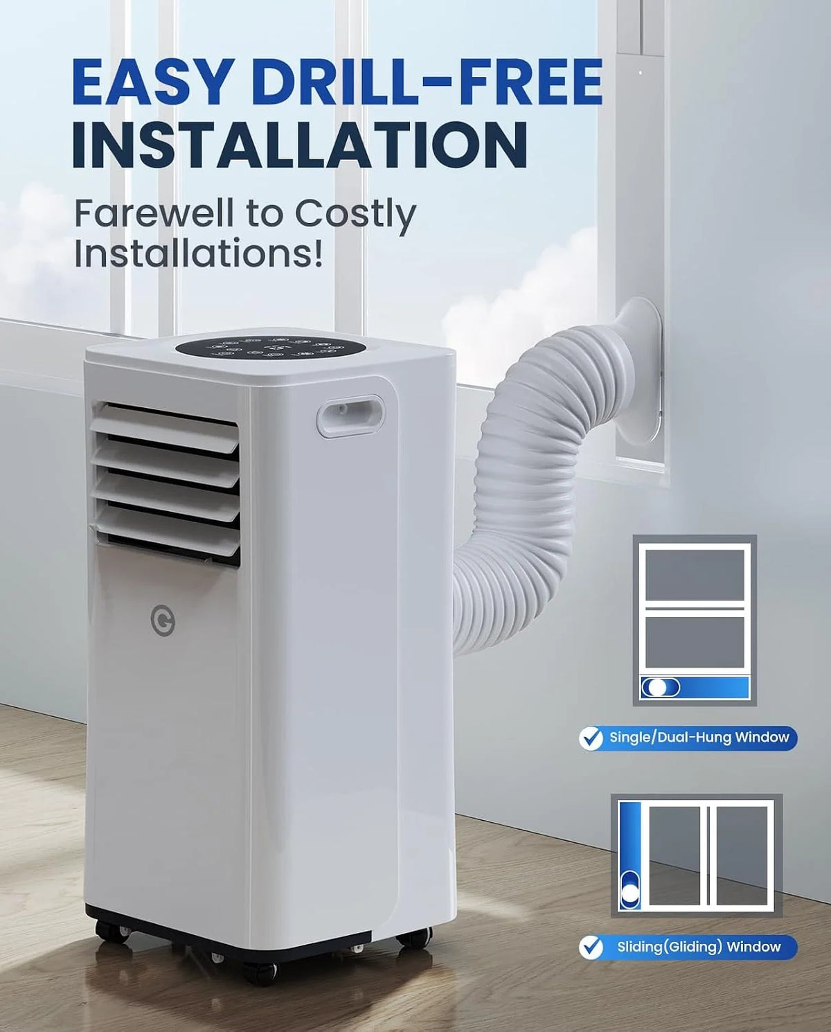 9000 BTU Aire Acondicionado Portátil. 4 en 1: Refrigeración. Ventilador. Deshumidificador y Modo Sueño. Silencioso. con Mando. Temporizador 24h y Kit
