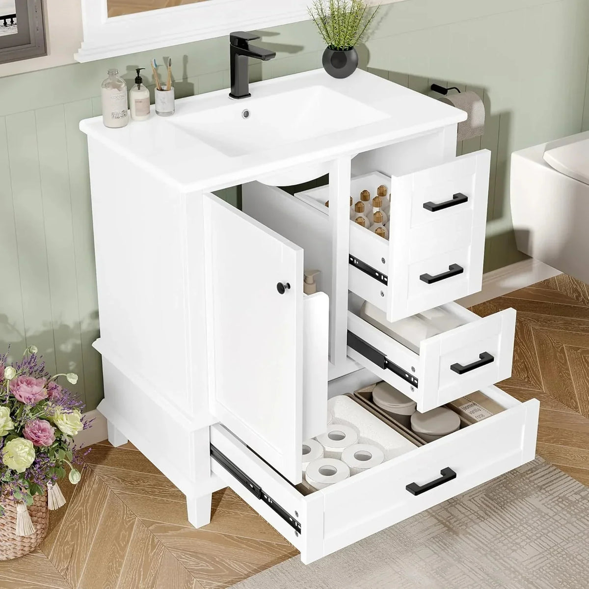 Moimhear Mueble de baño de pie. lavabo. lacado completo. tres cajones silenciosos. lavabo de cerámica integrado (blanco. 76 x 46 x 83.5 cm)