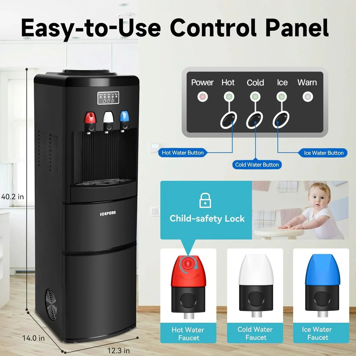 3-in-1 Hot & Cold Water Cooler with Built-in Ice Maker – Top Loading for 3-5 Gallon Bottles. Child Safety Lock. Black