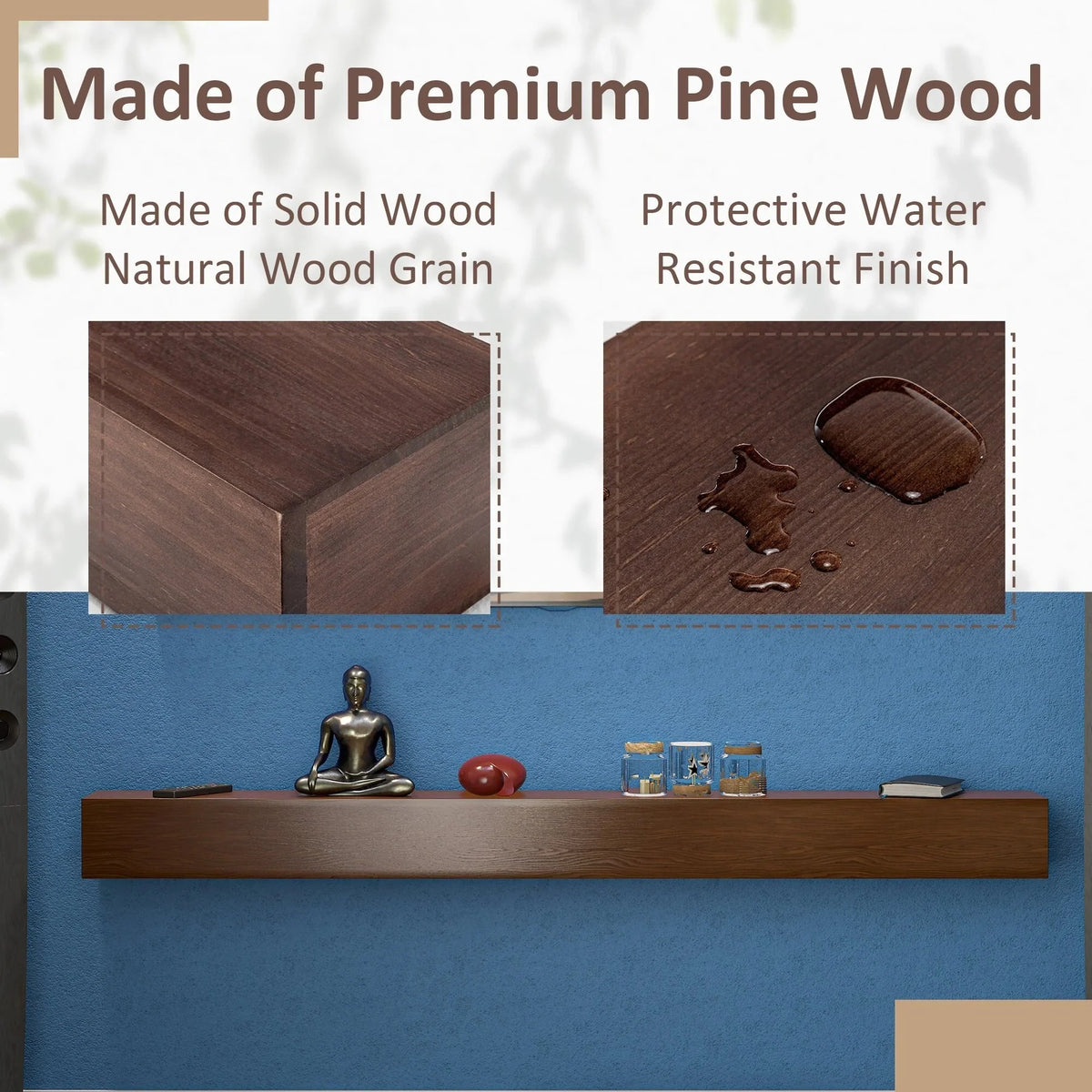 72 Inch Solid Pine Fireplace Mantel. Wall Mounted Floating Shelf in Brown