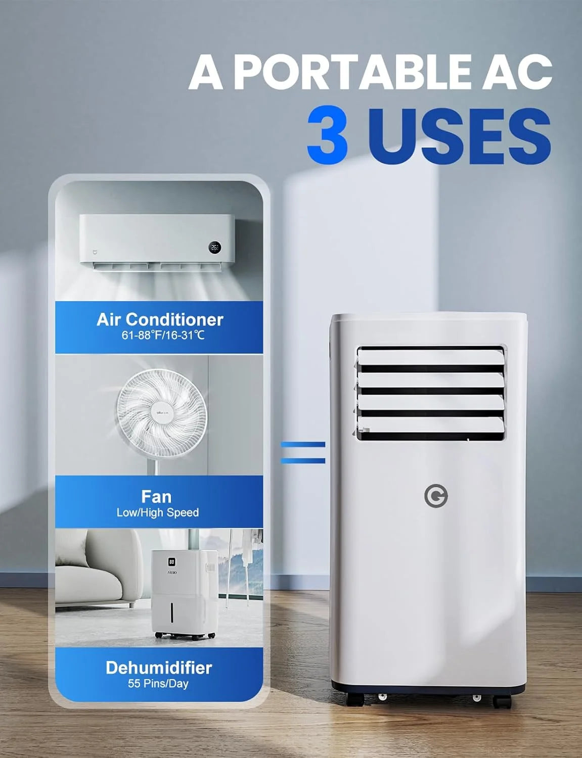 9000 BTU Aire Acondicionado Portátil. 4 en 1: Refrigeración. Ventilador. Deshumidificador y Modo Sueño. Silencioso. con Mando. Temporizador 24h y Kit
