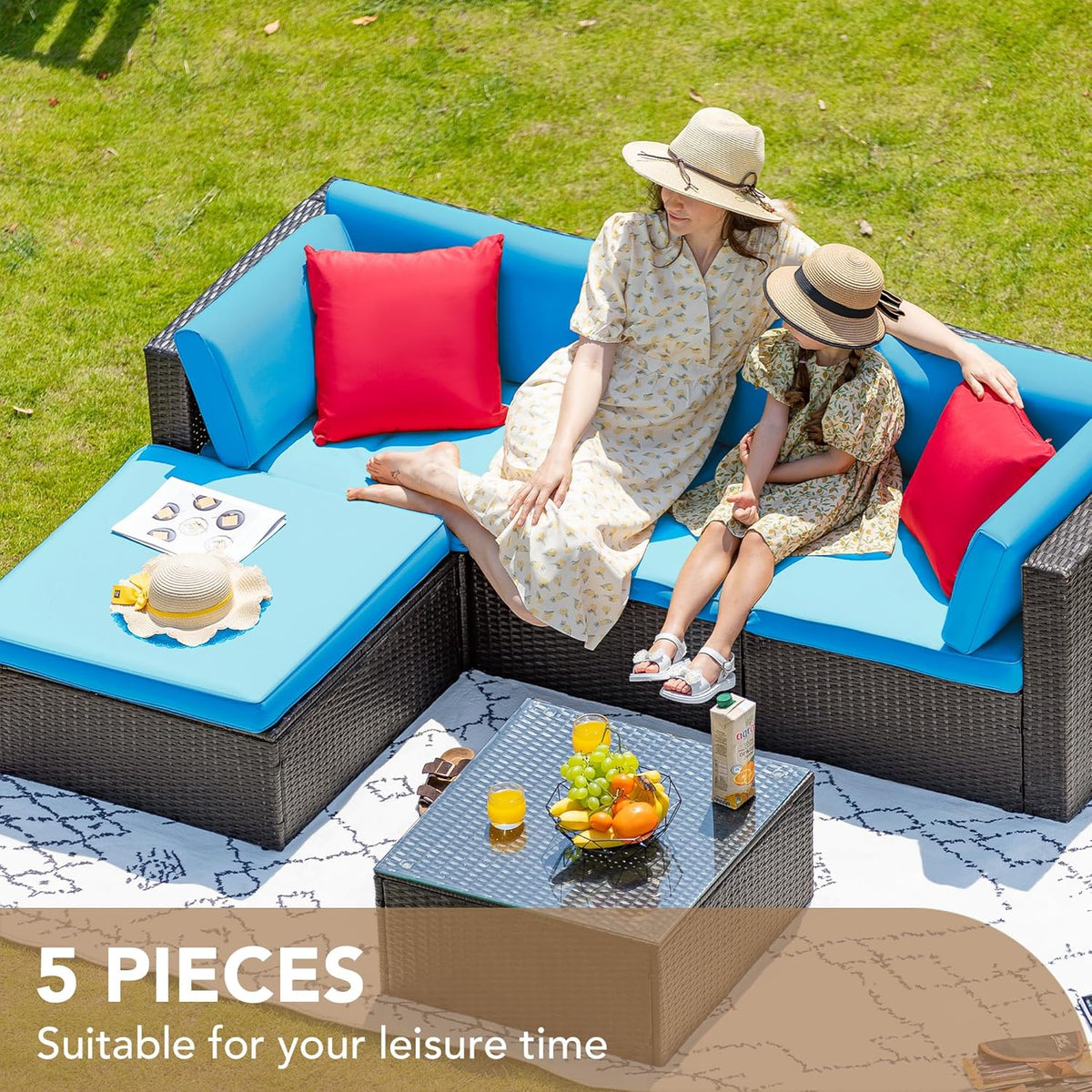 5-Piece All-Weather Patio Furniture Set with Cushions. Outdoor Wicker Conversation Sofa Set for Garden. Deck & Backyard