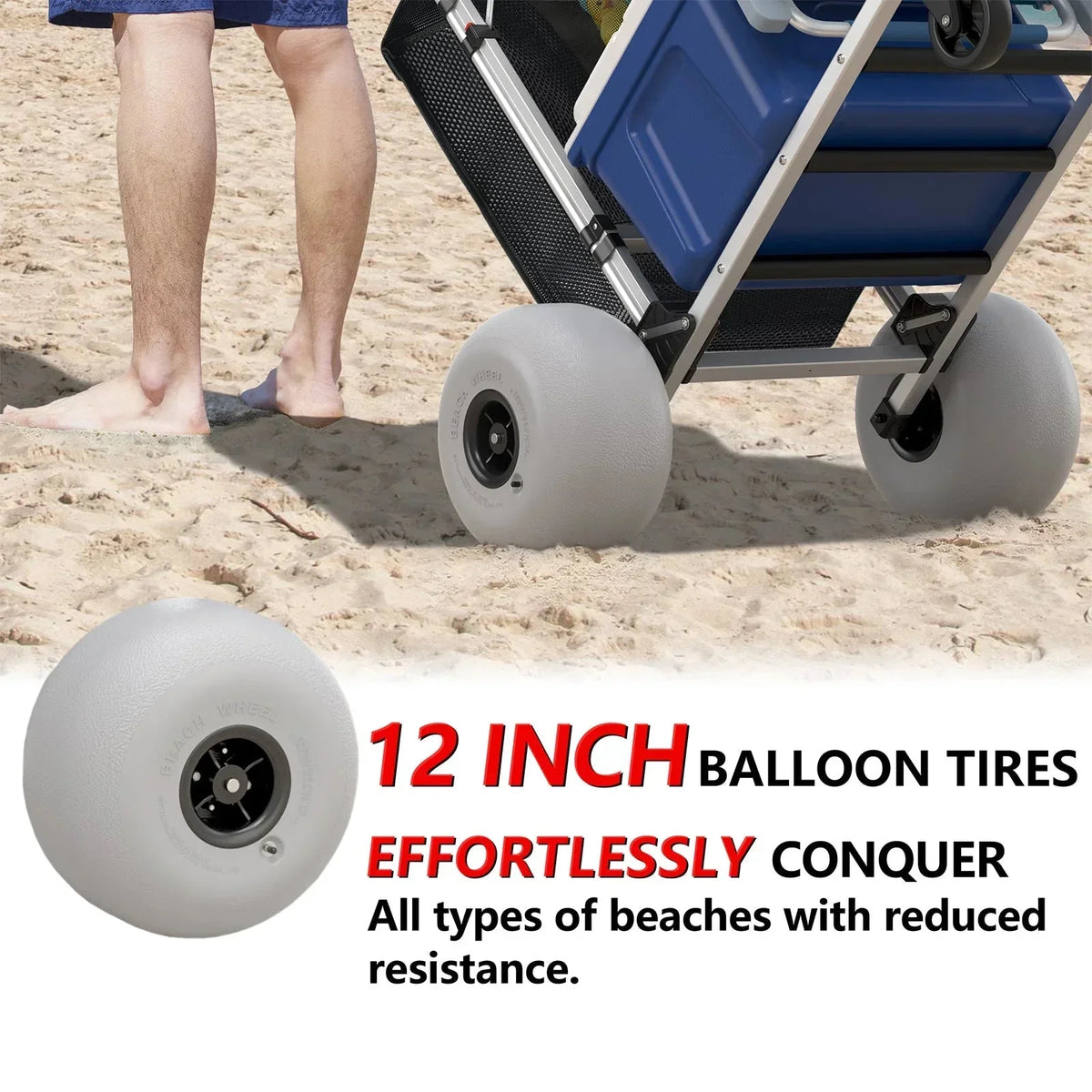 Foldable Beach Cart with Adjustable Handle and 12 Balloon Wheels. Heavy Duty Aluminum 220LBS Capacity