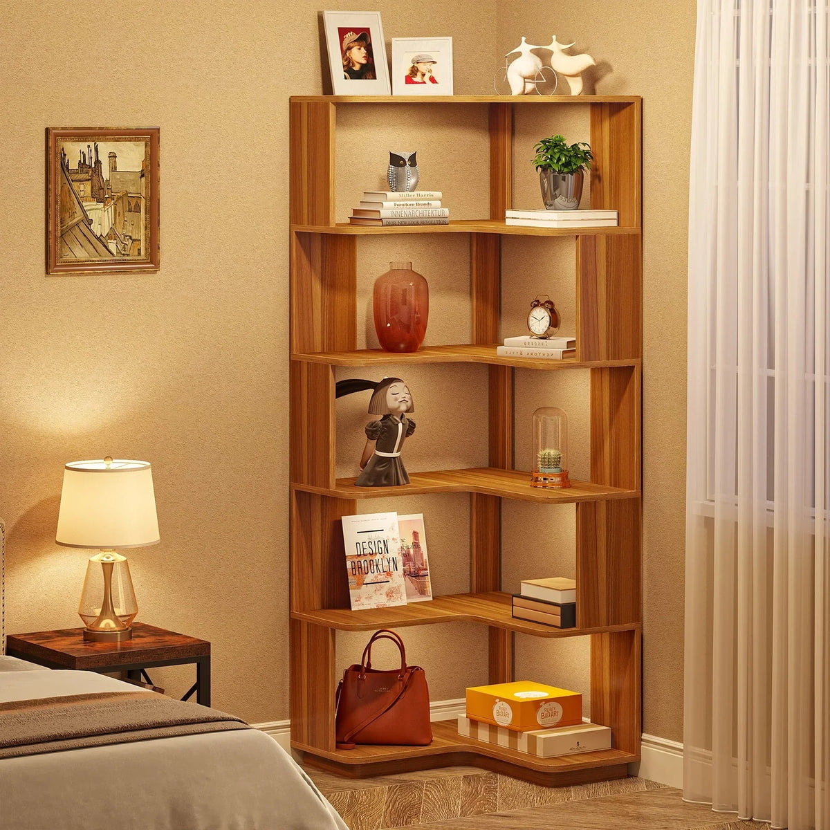 64.9 Inch Tall 6-Tier Corner Bookshelf. Freestanding Wood Industrial Bookcase