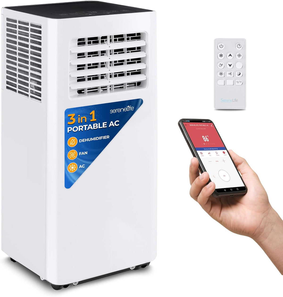 Portable Air Conditioner– 8.000 BTU 3-in-1 AC Unit with Cooling. Dehumidifier & Fan –w/ Remote Control. Window Mount Kit. Wheels. Quiet Operation for Rooms up to 300 sq ft