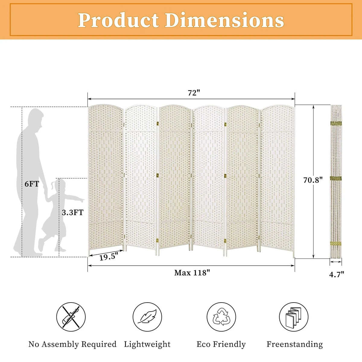 6 FT Tall Woven Fiber Room Divider. Freestanding Folding Privacy Screen